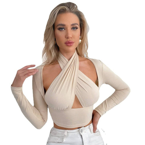 Cross-Neck Loose T-Shirt With Shoulder Sleeves Hollow Top